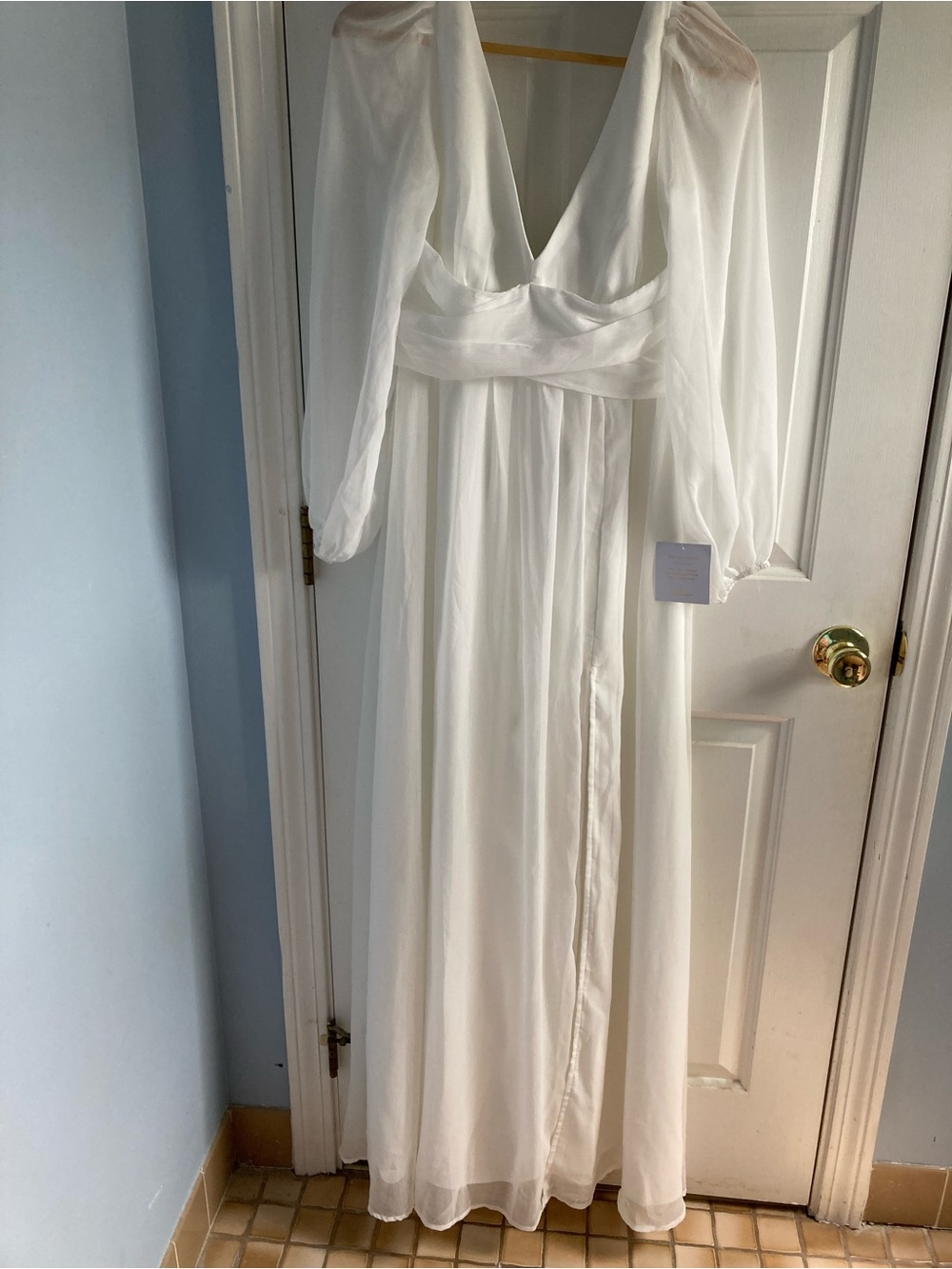 Lulu's White Chiffon V-Neck Long Sleeve Gown